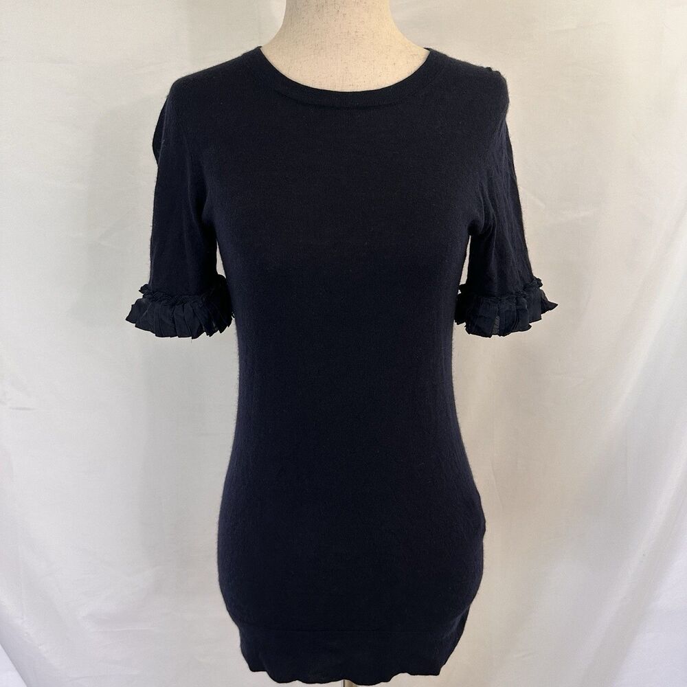 BURBERRY Summer Knit Sweater Size SMALL Navy Blue Silk Cashmere Ruffle Sleeve